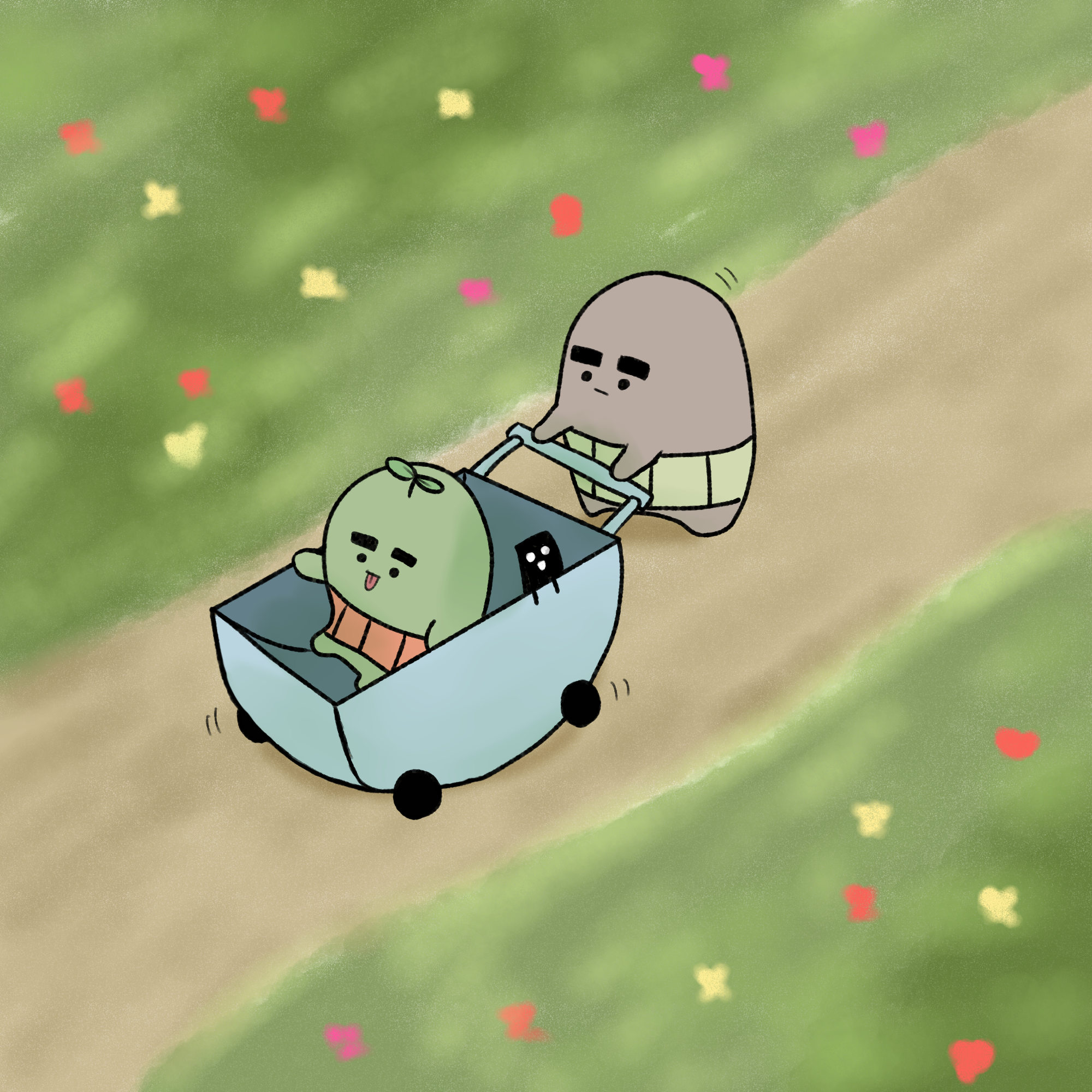 黒餅太郎とヨモギ餅次郎の散歩のイラスト