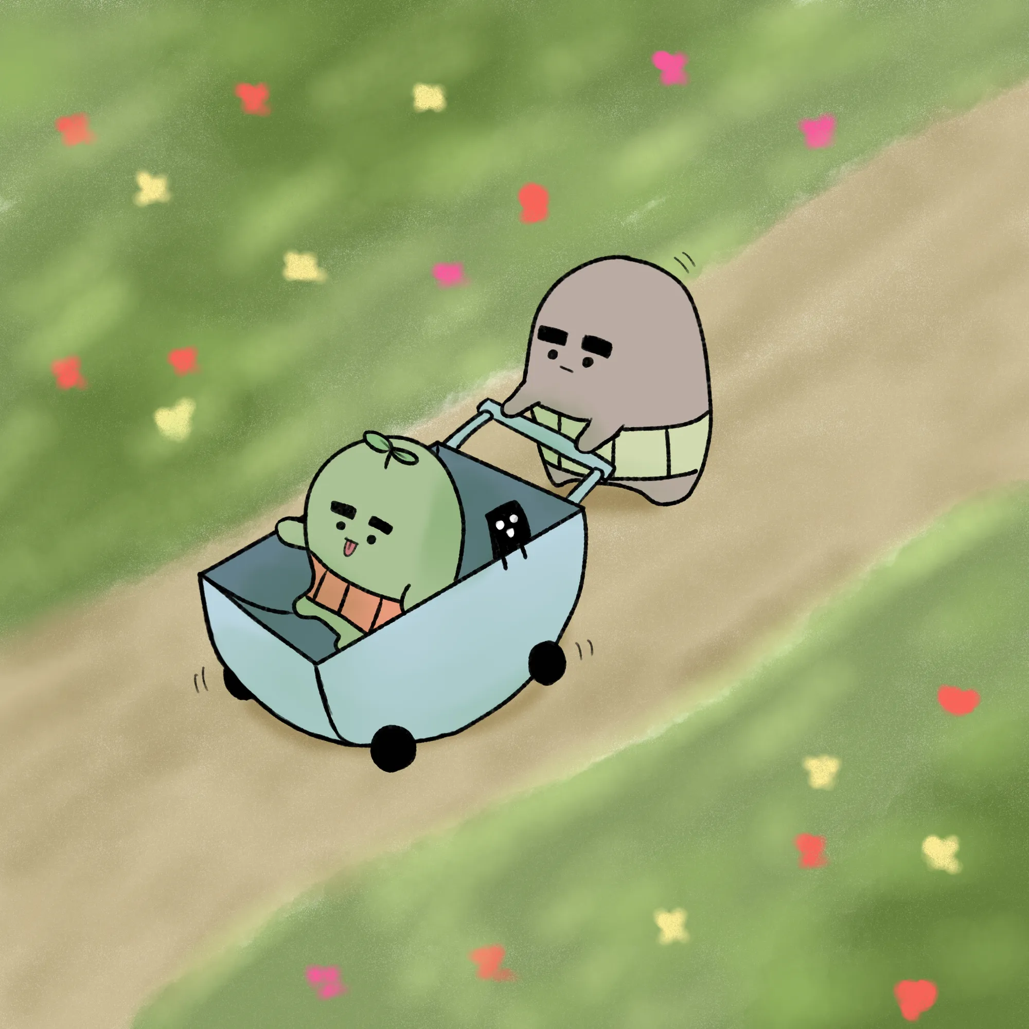 黒餅太郎とヨモギ餅次郎の散歩のイラスト